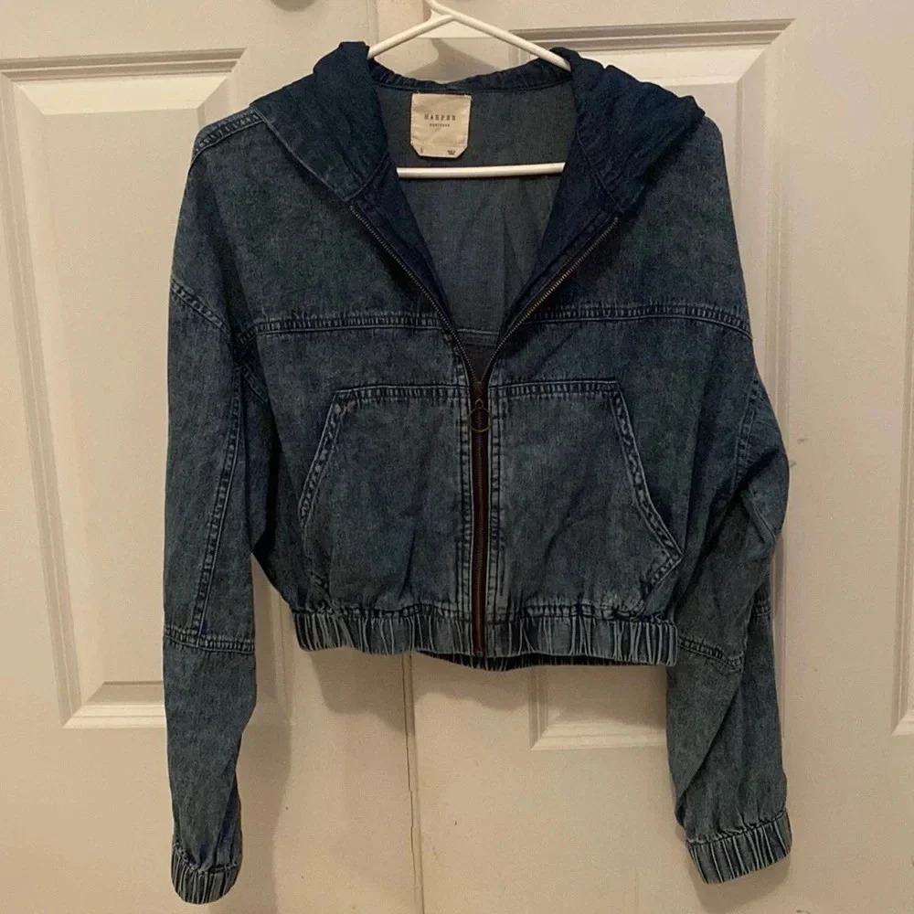 Harper denim cropped zipper jacket size small with hoodie